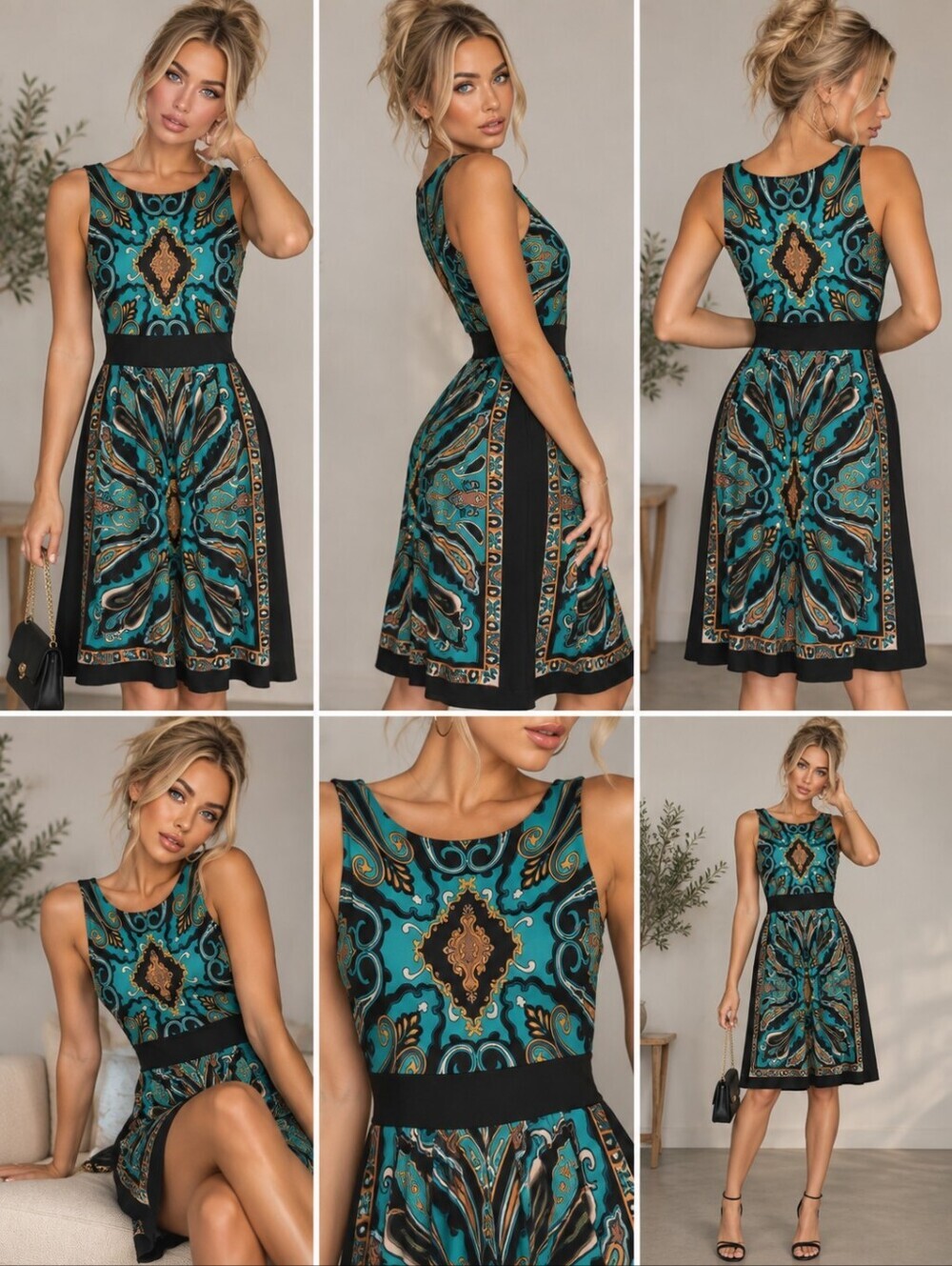 Dressbarn Teal and Gold Patterned Dress - Picture 1 of 4